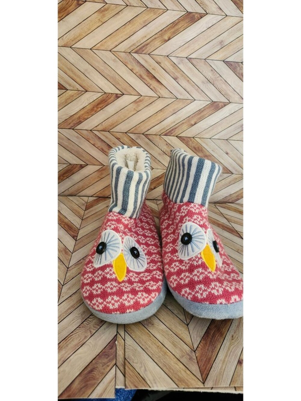 Women Nick & Nora Pink Blue Striped Owl Bootie Slippers Size M 7/8